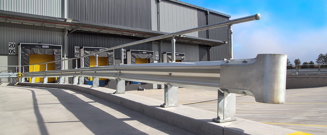 RHINO-STOP® Warehouse Guardrail rhino stop warehouse barrier with short bullnose accessory