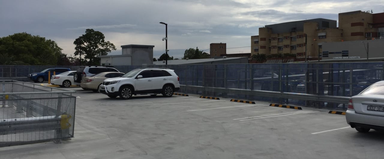 Lismore Hospital Car Park Barrier Project rhino stop type 4 with mesh infill and handrail installed at lismore hospital carpark