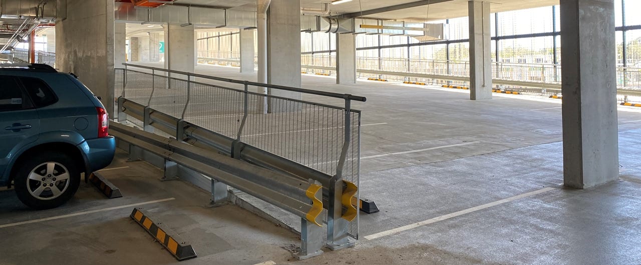 University of Sunshine Coast Car Park Barrier Project rhino stop type 6 with yellow end cap accessory installation at university of sunshine coast
