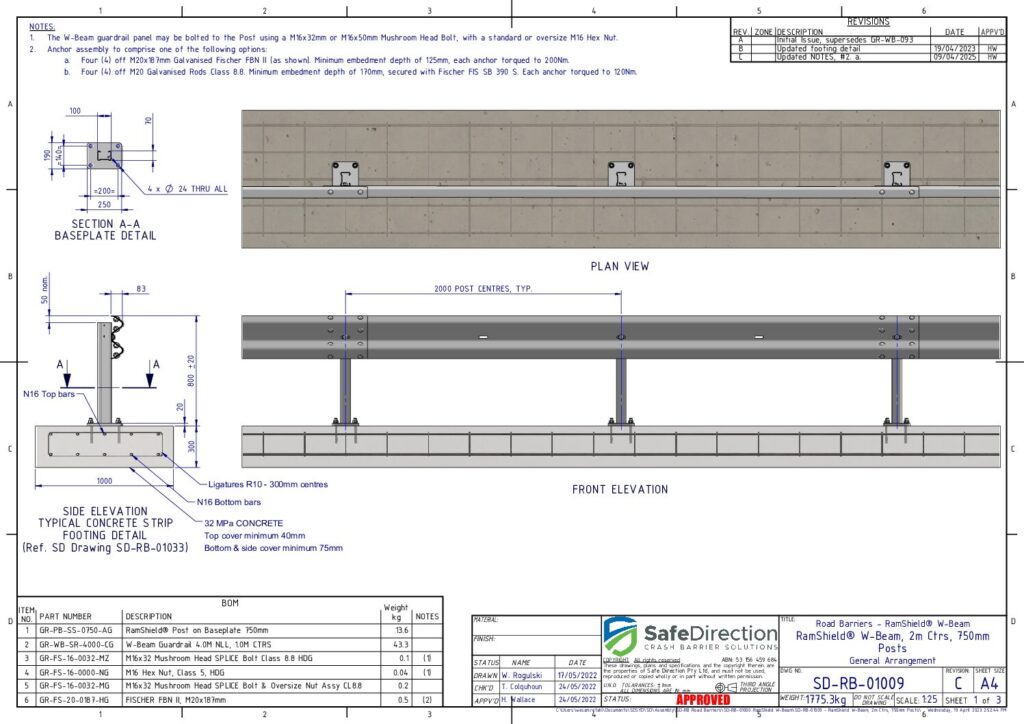 RamShield W-Beam Assembly, posts on base plates